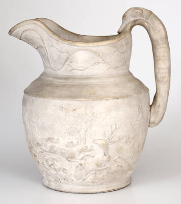 Rare Large-Sized Stoneware Hunt Scene Pitcher, probably NJ origin, mid 19th century