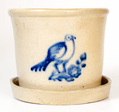 Rare Stoneware Flowerpot with Cobalt Bird Decoration, attrib. Whites Pottery, Utica, NY