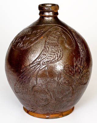 Important Look this Way for Henry Clay Baltimore Redware Jug w/ Incised Bird