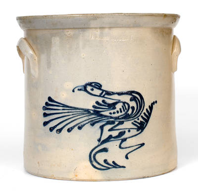 Four-Gallon White s Utica (New York) Stoneware Crock w/ Cobalt Bird Decoration