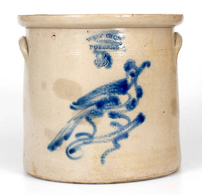 Three-Gallon WEST TROY / N.Y. / POTTERY Stoneware Crock w/ Cobalt Bird Decoration