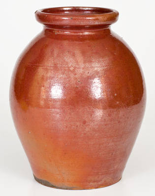 Unusual Ovoid Northeastern Redware Jar w/ Maroon Coloration