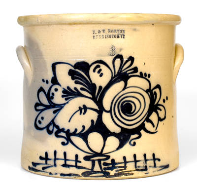 Rare J. & E. NORTON / BENNINGTON, VT Stoneware Crock w/ Large Flowering Urn Decoration