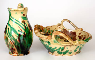 Shenandoah Valley Multi-Glazed Redware Pitcher and Bowl Set, Strasburg, VA, c1890