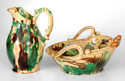 Shenandoah Valley Multi-Glazed Redware Pitcher and Bowl Set, Strasburg, VA, c1890