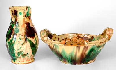 Shenandoah Valley Multi-Glazed Redware Pitcher and Bowl Set, Strasburg, VA, c1890