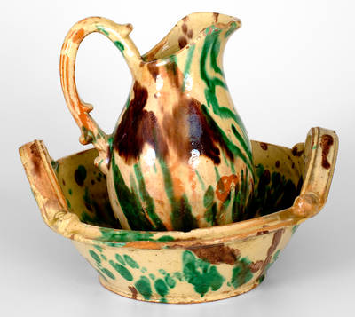 Shenandoah Valley Multi-Glazed Redware Pitcher and Bowl Set, Strasburg, VA, c1890