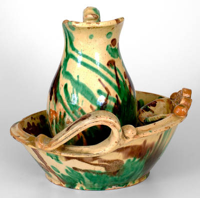 Shenandoah Valley Multi-Glazed Redware Pitcher and Bowl Set, Strasburg, VA, c1890