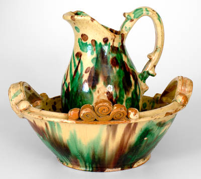 Shenandoah Valley Multi-Glazed Redware Pitcher and Bowl Set, Strasburg, VA, c1890