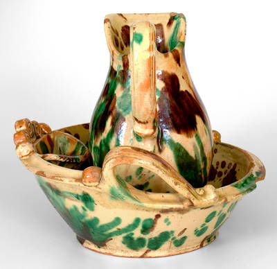 Shenandoah Valley Multi-Glazed Redware Pitcher and Bowl Set, Strasburg, VA, c1890