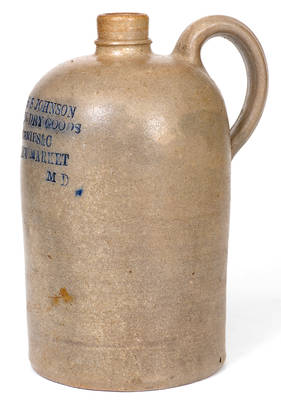 Very Rare EAST NEW MARKET, MD (Eastern Shore) Stoneware Advertising Jug, made in Baltimore