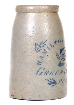 Hamilton & Jones / Greensboro, PA Stoneware Canning Jar w/ Stenciled Bird Decoration