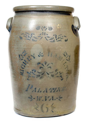 Rare RICHEY & HAMILTON / PALATINE, W. VA 6 Gal. Stoneware Jar with Two-Sided Stenciling