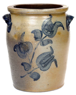 Very Rare 3 Gal. Connellsville, PA Stoneware Jar with Coggled Design and Cobalt Floral Decoration