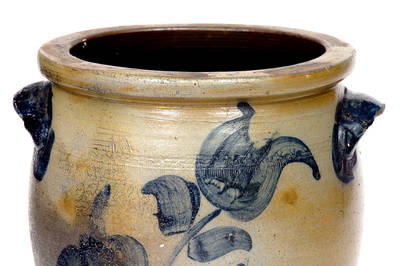 Very Rare 3 Gal. Connellsville, PA Stoneware Jar with Coggled Design and Cobalt Floral Decoration