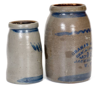 Lot of Two: JACKSON C. H., W. VA Stoneware Canning Jar and Western PA Stoneware Canning Jar with Freehand Decoration