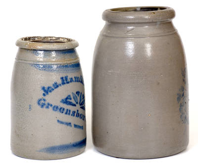 Lot of Two: Large-Sized Western PA Stoneware Canning Jar with Floral Decoration and Jas. Hamilton & Co. / Greensboro, PA Stoneware Canning Jar