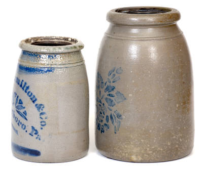 Lot of Two: Large-Sized Western PA Stoneware Canning Jar with Floral Decoration and Jas. Hamilton & Co. / Greensboro, PA Stoneware Canning Jar
