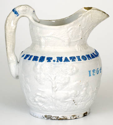 Extremely Rare FIRST NATIONAL BANK OF JERSEY CITY New Jersey Ironstone Hound-Handled Pitcher