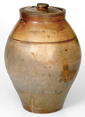 1 Gal. BOSTON Lidded Stoneware Jar with Iron-Oxide Dipped Decoration, early 19th century