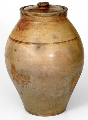1 Gal. BOSTON Lidded Stoneware Jar with Iron-Oxide Dipped Decoration, early 19th century