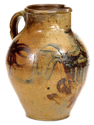 Exceptional 1820 Ohio River Valley Stoneware Pitcher w Brushed Cobalt and Manganese Federal Eagle Design