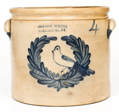 Fine 4 Gal. COWDEN & WILCOX / HARRISBURG, PA Stoneware Cake Crock w/ Large Bird-in-Wreath Decoration