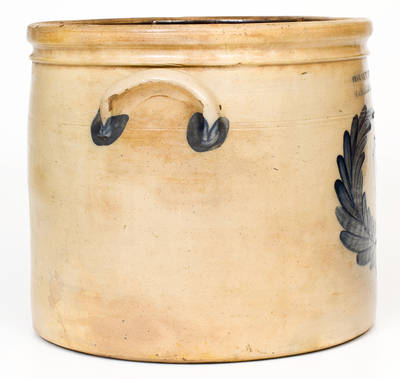 Fine 4 Gal. COWDEN & WILCOX / HARRISBURG, PA Stoneware Cake Crock w/ Large Bird-in-Wreath Decoration