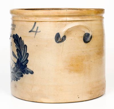 Fine 4 Gal. COWDEN & WILCOX / HARRISBURG, PA Stoneware Cake Crock w/ Large Bird-in-Wreath Decoration