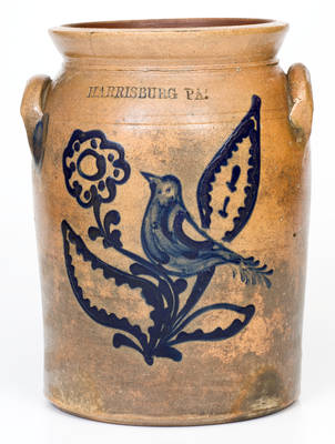 Exceptional HARRISBURG, PA Stoneware Jar w/ Elaborate Slip-Trailed Bird Design, attrib. John Young, 1856-58