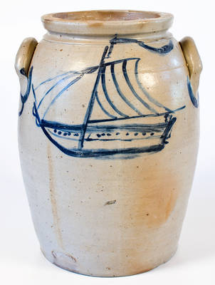 Exceedingly Rare and Important Four-Gallon Stoneware Jar with Cobalt Sailing Ship and Flag Motifs, Baltimore, MD origin, circa 1840