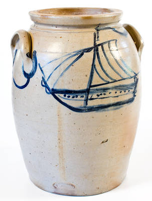 Exceedingly Rare and Important Four-Gallon Stoneware Jar with Cobalt Sailing Ship and Flag Motifs, Baltimore, MD origin, circa 1840