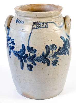 Exceedingly Rare and Important Four-Gallon Stoneware Jar with Cobalt Sailing Ship and Flag Motifs, Baltimore, MD origin, circa 1840