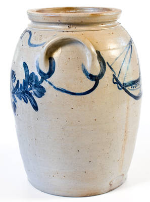 Exceedingly Rare and Important Four-Gallon Stoneware Jar with Cobalt Sailing Ship and Flag Motifs, Baltimore, MD origin, circa 1840