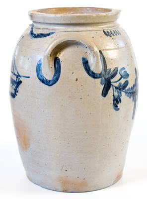 Exceedingly Rare and Important Four-Gallon Stoneware Jar with Cobalt Sailing Ship and Flag Motifs, Baltimore, MD origin, circa 1840