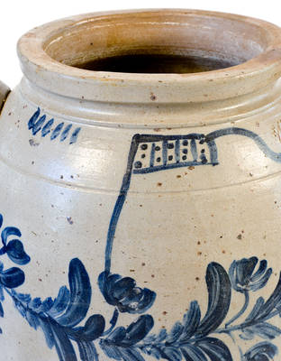 Exceedingly Rare and Important Four-Gallon Stoneware Jar with Cobalt Sailing Ship and Flag Motifs, Baltimore, MD origin, circa 1840
