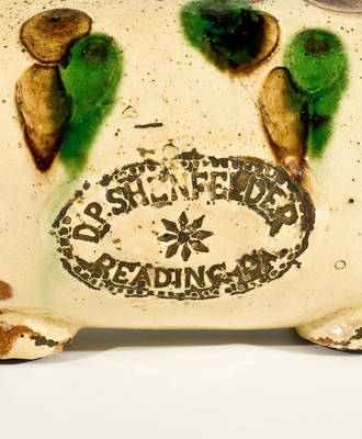 Extremely Rare Slip-Decorated Redware Pig Bottle, Stamped 