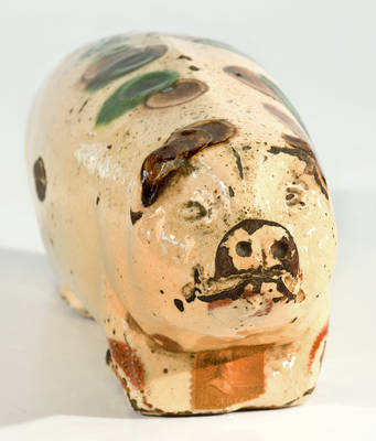 Extremely Rare Slip-Decorated Redware Pig Bottle, Stamped 