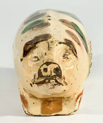 Extremely Rare Slip-Decorated Redware Pig Bottle, Stamped 