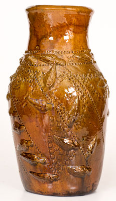 Unusual American Redware Vase with Applied Foliate Decoration