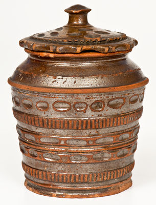 Rare and Fine Coggled Redware Jar w/ Lid, probably Pennsylvania origin