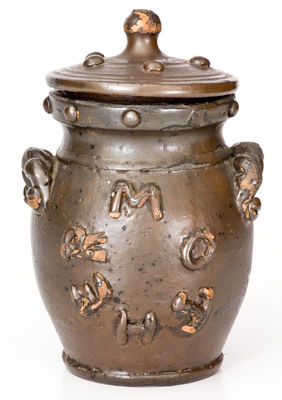 Extremely Rare Middle Tennessee Stoneware Lidded Presentation Jar w/ Applied Decoration, 