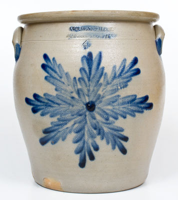 Outstanding COWDEN & WILCOX / HARRISBURG, PA Four-Gallon Stoneware Jar w/ Foliate Star Decoration