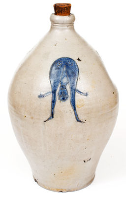 Extremely Important Stoneware Jug w/ Incised Decoration of Man Looking Between his Legs