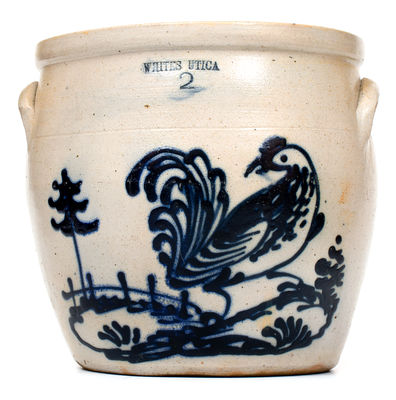 Exceptional WHITES UTICA Stoneware Jar with Elaborate Rooster Decoration