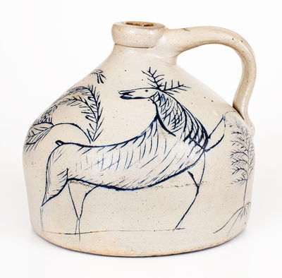 Extremely Important Stoneware Jug with Elaborate Incised Scene of a Deer, Smoking Man, Etc.