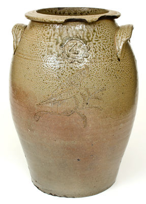 Rare Four-Gallon att. Chester Webster, Randolph Co, NC Stoneware Jar w/ Incised Bird-on-Branch Decoration