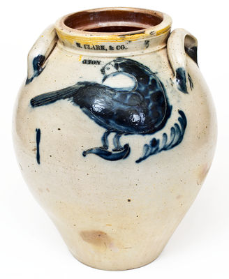 Exceptional N. CLARK & CO. / LYONS / 1827 Stoneware Jar w/  Elaborate Incised Bird Decoration