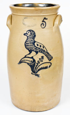 5 Gal. J. BURGER, JR. / ROCHESTER, NY Stoneware Churn w/ Slip-Trailed Bird Decoration