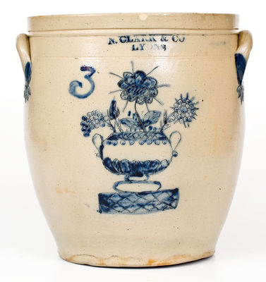 Outstanding N. CLARK & CO. / LYONS Stoneware Jar w/ Elaborate Incised Flowering Urn Decoration